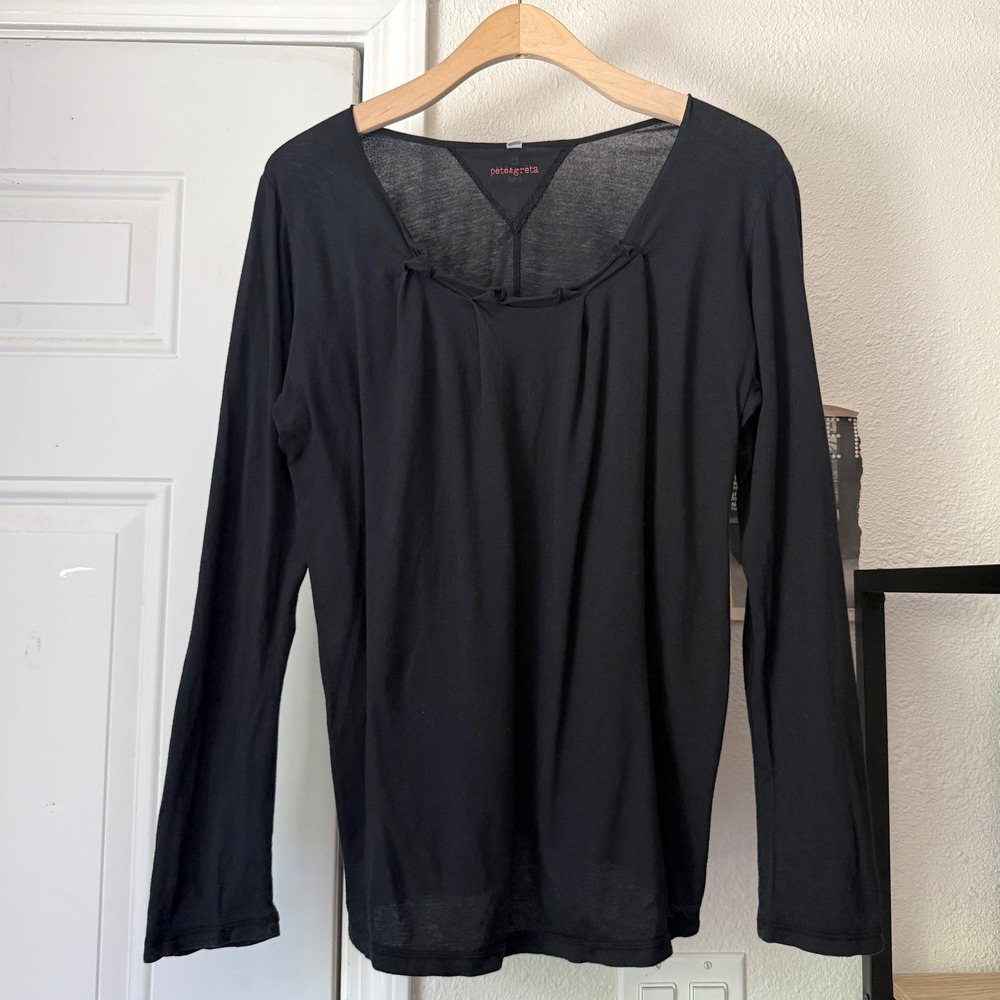 JOHNNY WAS PETE & GRETA black pleated pima cotton long sleeve scoop neck tee top